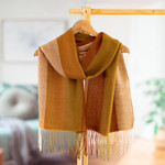 Baby alpaca blend scarf, 'Caramel Trails' - Handcrafted Caramel and Green Baby Alpaca Blend Cotton Scarf