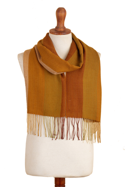 Baby alpaca blend scarf, 'Caramel Trails' - Handcrafted Caramel and Green Baby Alpaca Blend Cotton Scarf