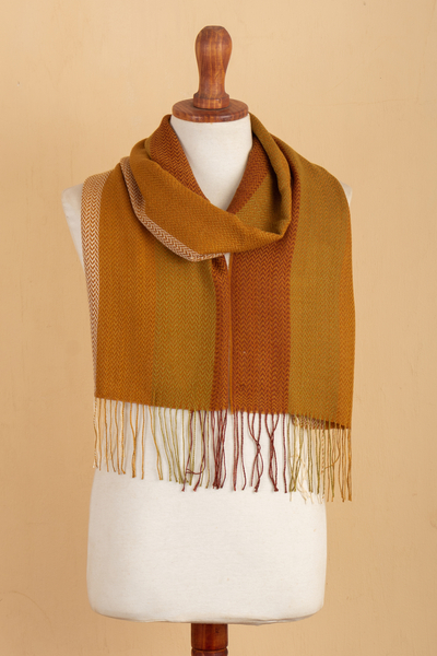 Baby alpaca blend scarf, 'Caramel Trails' - Handcrafted Caramel and Green Baby Alpaca Blend Cotton Scarf