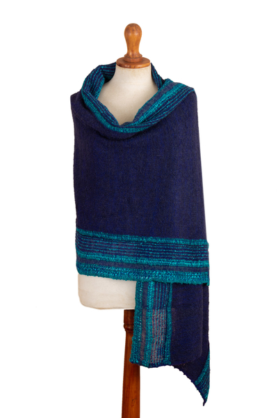 Baby alpaca blend shawl, 'Impressive Stripes' - Knit Baby Alpaca Blend Striped Shawl in Blue and Cyan