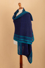 Baby alpaca blend shawl, 'Impressive Stripes' - Knit Baby Alpaca Blend Striped Shawl in Blue and Cyan