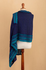 Baby alpaca blend shawl, 'Impressive Stripes' - Knit Baby Alpaca Blend Striped Shawl in Blue and Cyan
