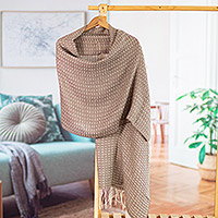Alpaca blend shawl, 'Sepia Beauty' - Handwoven Patterned Alpaca Blend Shawl in Sepia and Ivory