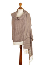 Alpaca blend shawl, 'Sepia Beauty' - Handwoven Patterned Alpaca Blend Shawl in Sepia and Ivory