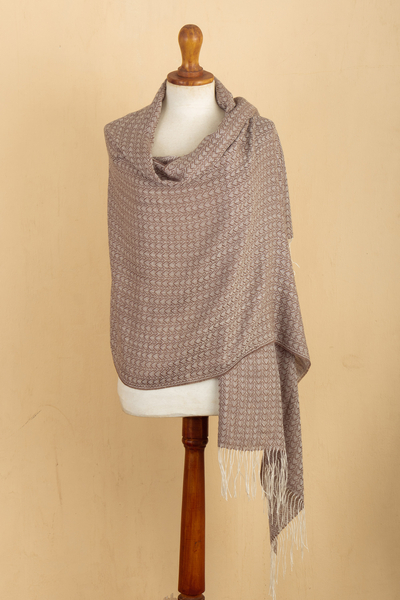 Alpaca blend shawl, 'Sepia Beauty' - Handwoven Patterned Alpaca Blend Shawl in Sepia and Ivory