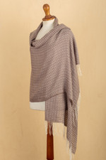Alpaca blend shawl, 'Sepia Beauty' - Handwoven Patterned Alpaca Blend Shawl in Sepia and Ivory