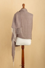 Alpaca blend shawl, 'Sepia Beauty' - Handwoven Patterned Alpaca Blend Shawl in Sepia and Ivory