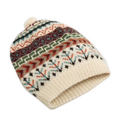 mütze aus 100 % Alpaka - Traditionelle gestrickte elfenbeinfarbene Alpakamütze aus den Anden