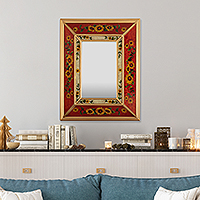 Reverse-painted glass wall mirror, 'Flowers for the Fire' - Floral Red Reverse-Painted Glass Wall Mirror from Peru