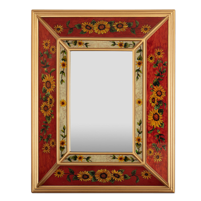 Reverse-painted glass wall mirror, 'Flowers for the Fire' - Floral Red Reverse-Painted Glass Wall Mirror from Peru