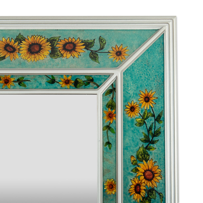 Reverse-painted glass wall mirror, 'Flowers for the Sun' - Floral Green Reverse-Painted Glass Wall Mirror from Peru