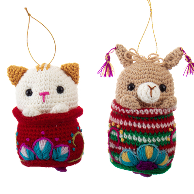 Crocheted and hand-embroidered ornaments, 'Friendly Trio' (set of 3) - 3 Crocheted Dog Cat and Llama Ornaments with Hand Embroidery