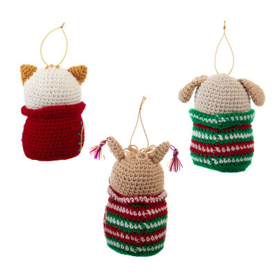 Crocheted and hand-embroidered ornaments, 'Friendly Trio' (set of 3) - 3 Crocheted Dog Cat and Llama Ornaments with Hand Embroidery