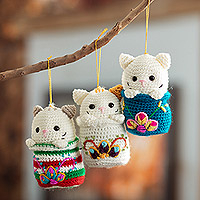 Crocheted and hand-embroidered ornaments, 'Kitty Trio' (set of 3) - Set of 3 Crocheted Cat Ornaments with Floral Hand Embroidery