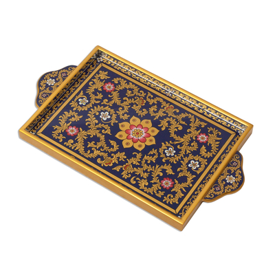 Painted glass tray, 'Royal Blue Garden' - Reverse Painted Glass Serveware Tray from Peru