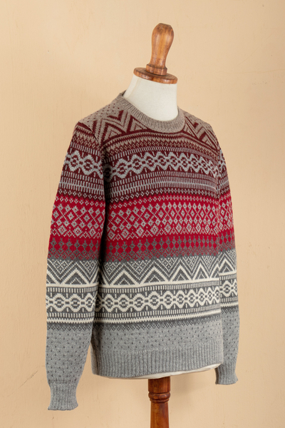 Men's Soft Grey and Red 100% Alpaca Pullover from Peru - Grey ...