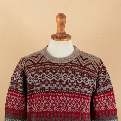 Men's Soft Grey and Red 100% Alpaca Pullover from Peru - Grey ...