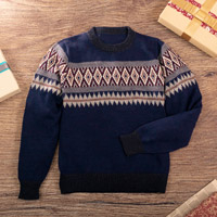 Men's 100% alpaca pullover sweater, 'Sea Breeze' - Men's 100% Alpaca Geometric-Patterned Blue Pullover Sweater