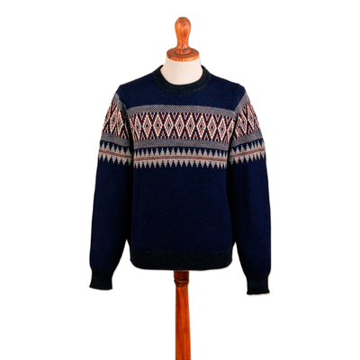Men's 100% alpaca pullover sweater, 'Sea Breeze' - Men's 100% Alpaca Geometric-Patterned Blue Pullover Sweater