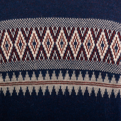 Men's 100% Alpaca Geometric-Patterned Blue Pullover Sweater - Sea ...