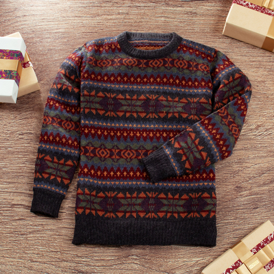 Geometric-Patterned 100% Alpaca Pullover from Peru - Andean Harmony ...