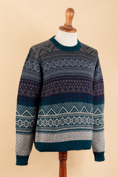 Men's 100% alpaca pullover, 'Teal Adventures' - Men's Soft Teal and Blue 100% Alpaca Pullover from Peru