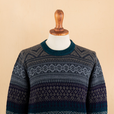 Men's 100% alpaca pullover, 'Teal Adventures' - Men's Soft Teal and Blue 100% Alpaca Pullover from Peru