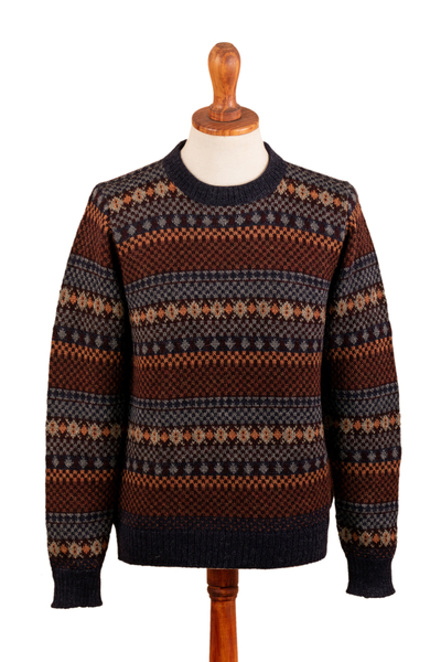 Men's 100% Alpaca Geometric-Themed Knit Pullover Sweater - Natural ...