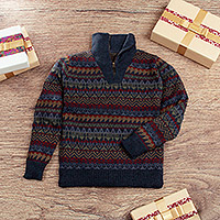 Men's 100% alpaca sweater, 'Gallant Traveler' - Men's Soft Patterned Blue 100% Alpaca Zip Collar Sweater