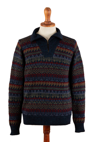 Men's 100% alpaca sweater, 'Gallant traveller' - Men's Soft Patterned Blue 100% Alpaca Zip Collar Sweater