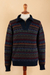 Men's 100% alpaca sweater, 'Gallant traveller' - Men's Soft Patterned Blue 100% Alpaca Zip Collar Sweater