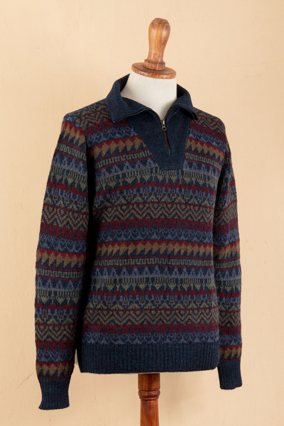 Suéter de hombre 100% alpaca - Suéter de hombre con cuello con cremallera 100% alpaca azul con estampado suave