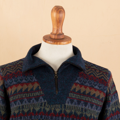 Men's 100% alpaca sweater, 'Gallant Traveler' - Men's Soft Patterned Blue 100% Alpaca Zip Collar Sweater