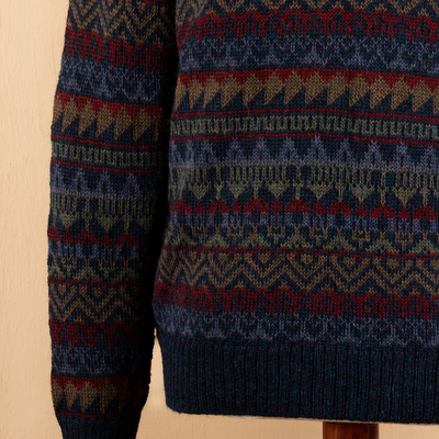 Suéter de hombre 100% alpaca - Suéter de hombre con cuello con cremallera 100% alpaca azul con estampado suave