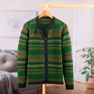 Suéter cárdigan 100% alpaca - Jersey tipo cardigan rayas estampado inca verde 100% alpaca