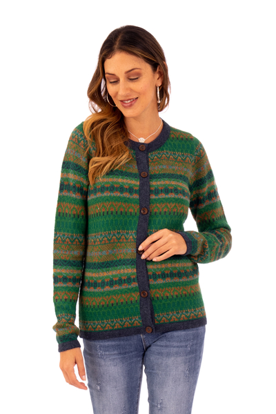 100% alpaca cardigan sweater, 'Inca's Green Geometry' - Striped Inca-Patterned Green 100% Alpaca Cardigan Sweater