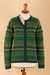 100% alpaca cardigan sweater, 'Inca's Green Geometry' - Striped Inca-Patterned Green 100% Alpaca Cardigan Sweater (image 2d) thumbail