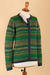 100% alpaca cardigan sweater, 'Inca's Green Geometry' - Striped Inca-Patterned Green 100% Alpaca Cardigan Sweater (image 2e) thumbail