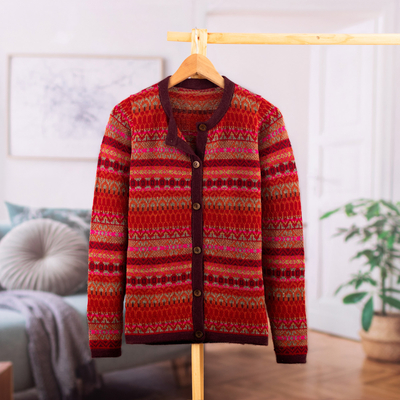 100% alpaca cardigan sweater, 'Inca's Red Geometry' - Striped Inca-Patterned Red 100% Alpaca Cardigan Sweater