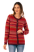 100% alpaca cardigan sweater, 'Inca's Red Geometry' - Striped Inca-Patterned Red 100% Alpaca Cardigan Sweater (image 2b) thumbail