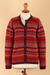 100% alpaca cardigan sweater, 'Inca's Red Geometry' - Striped Inca-Patterned Red 100% Alpaca Cardigan Sweater (image 2e) thumbail