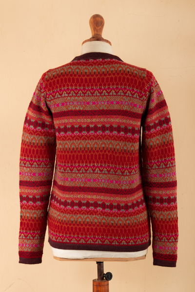 Suéter cárdigan 100% alpaca - Jersey tipo cardigan rayas estampado inca rojo 100% alpaca