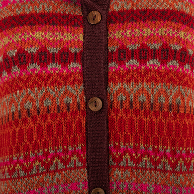 100% alpaca cardigan sweater, 'Inca's Red Geometry' - Striped Inca-Patterned Red 100% Alpaca Cardigan Sweater