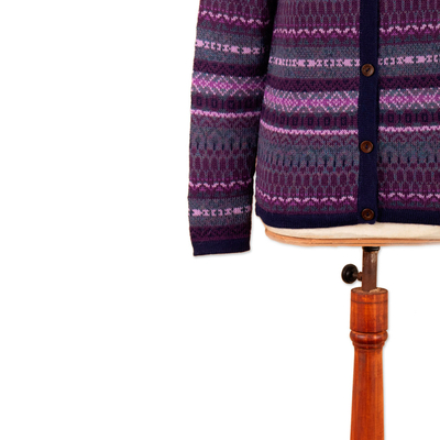 Suéter cárdigan 100% alpaca - Jersey tipo cardigan rayas estampado inca morado 100% alpaca