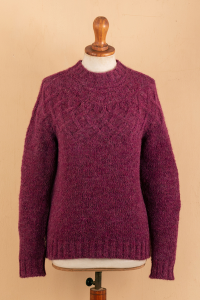 Alpaca blend pullover sweater, 'Burgundy Roots' - Burgundy Alpaca Blend Pullover Sweater with Aran Knit Motifs