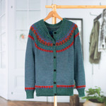 100% alpaca cardigan, 'Teal Tempest' - Teal 100% Alpaca Wool Knit Cardigan with Geometric Motifs