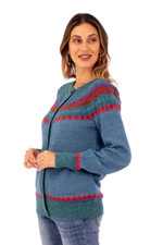 100% alpaca cardigan, 'Teal Tempest' - Teal 100% Alpaca Wool Knit Cardigan with Geometric Motifs