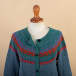 100% alpaca cardigan, 'Teal Tempest' - Teal 100% Alpaca Wool Knit Cardigan with Geometric Motifs