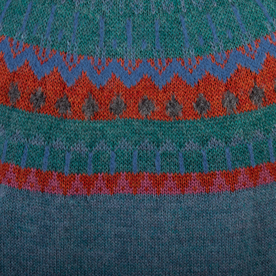 Cárdigan 100% alpaca - Cárdigan de punto 100% lana de alpaca verde azulado con motivos geométricos