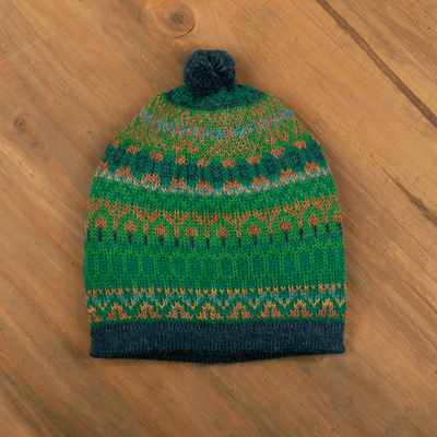 100% alpaca knit hat, 'Geometric Scapes in Green' - Handcrafted Geometric Patterned Green 100% Alpaca Knit Hat